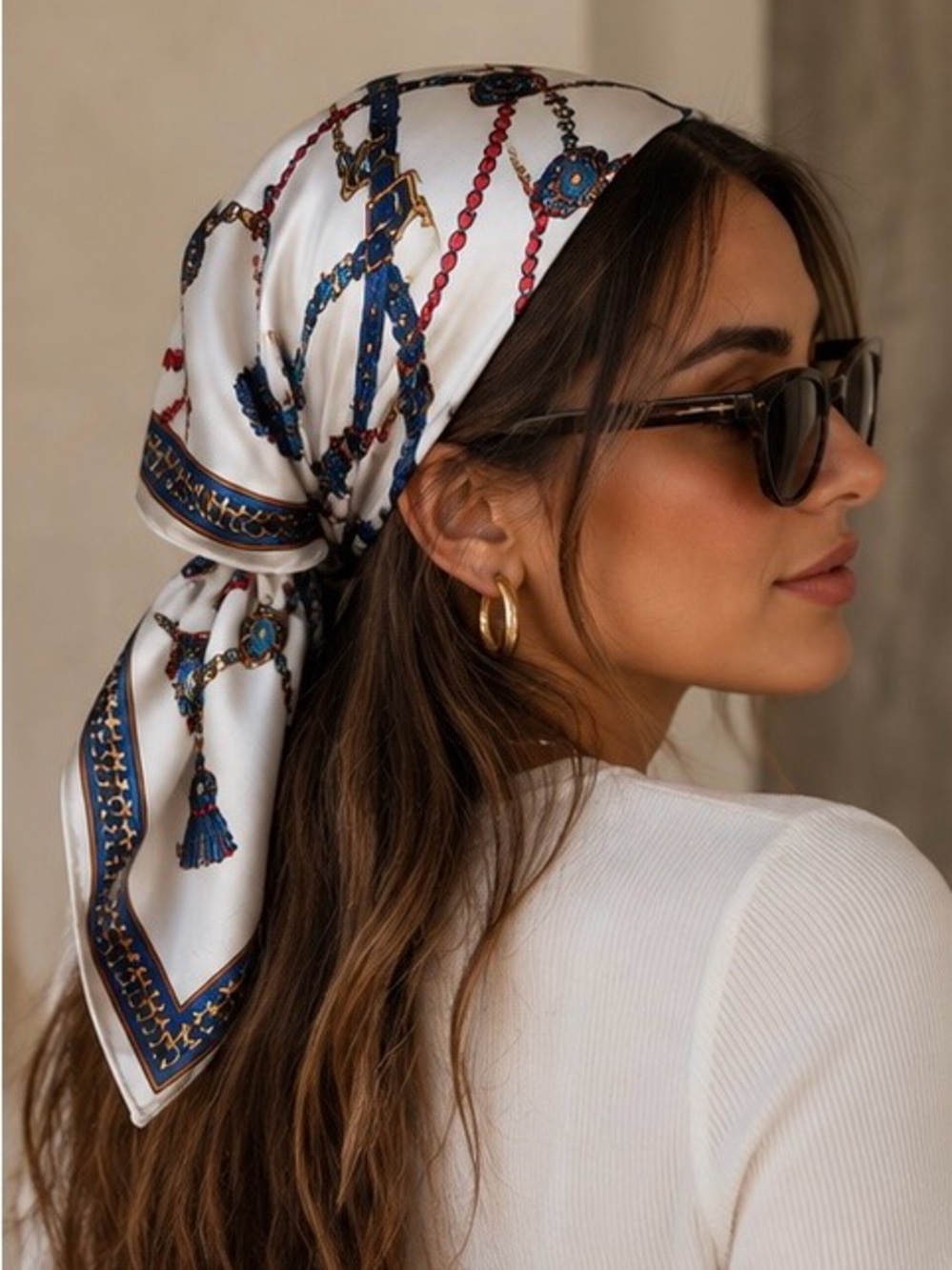 Silk-Feel White Scarf with Navy & Gold Chain Print